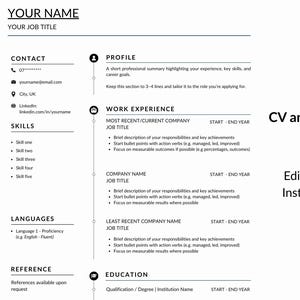 May include: A CV and Cover Letter Template with a clean, minimalist design. The document is primarily white with black text, featuring sections for contact information, profile, work experience, skills, and education. Text on the right says "CV and Cover Letter Template" and "Editable in Canva Instant Download".