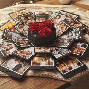 May include: A black explosion box with photos and three red roses. The box is surrounded by photos of people. The box is on a beige knitted blanket on a wooden table. Fairy lights and a book are in the background.