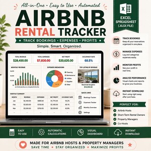 Könnte beinhalten: Ein digitaler Airbnb-Miet-Tracker auf einem Laptop-Bildschirm, der eine Excel-Tabellenoberfläche mit Diagrammen, Tabellen und Finanzdaten zeigt. Das Layout umfasst Bereiche für Buchungen, Ausgaben, Gewinne und Auslastungsraten für die Immobilienverwaltung.