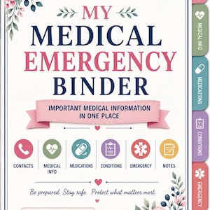 Może przedstawiać: Okładka segregatora medycznego z różowymi akcentami kwiatowymi, sercem z krzyżem medycznym i napisem MY MEDICAL EMERGENCY BINDER. Zawiera zakładki z etykietami: kontakty, informacje medyczne, leki, schorzenia, nagłe wypadki i notatki.