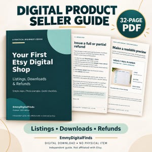 May include: A 32-page digital product seller guide ebook titled Your First Etsy Digital Shop, featuring a dark teal cover with white text, alongside two open pages displaying refund steps and a visual walkthrough for a meal planner.