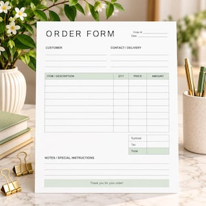 Peut inclure: Un formulaire de commande en papier blanc avec du texte noir et des accents vert clair. Le document comprend des sections pour les coordonnées client, la livraison, les articles, la quantité, le prix, le total et des notes, avec la mention Thank you for your order.