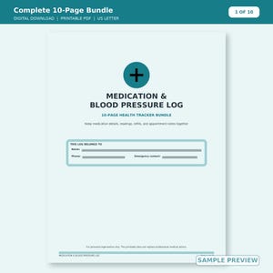 Könnte beinhalten: Ein digitales 10-seitiges Bündel für Medikamenten- und Blutdruckprotokolle im US-Letter-Format. Die Titelseite zeigt ein dunkelblaugrünes Pluszeichen-Symbol, den Titel Medication & Blood Pressure Log und einen Bereich für Kontaktdaten.
