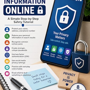 Op de afbeelding: Een digitale handleiding getiteld Protect Your Personal Information Online met een smartphone met een schildpictogram, een blauw hangslot, een houten blok met de tekst Privacy Is Power en een notitieblok met een handgeschreven notitie.