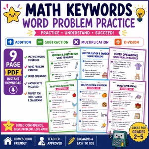 Peut inclure: Un ensemble de 9 pages PDF d'exercices de problèmes mathématiques incluant addition, soustraction, multiplication et division. Le document contient des fiches de référence, des opérations mixtes et des corrigés pour les niveaux 2-5.