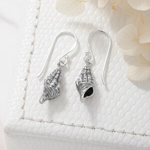 Sterling Silver Seashell Drop Earrings, Handmade Conch Shell Dangles, Ocean Beach Jewelry Gift for Her