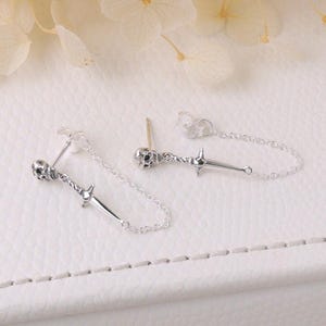 Skull Dagger Chain Drop Earrings in 925 Sterling Silver — Gothic Sword Stud, Dark Edgy Jewelry for Women, Ear Stack Alternative Gift