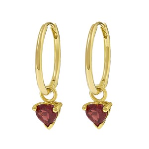 Ruby Heart Hoop Earrings, Gold Garnet Heart Charm Huggie Hoops, Tiny Red Gemstone Earrings, Second Piercing Ear Stack Gift for Her