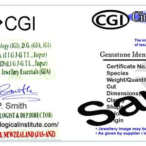 May include: A white City Gemmological Institute certificate of authenticity featuring a QR code, the CGI logo, and a gemstone identification report for a white topaz. The document includes a signature by P. Smith and a sample photo of a round gemstone.