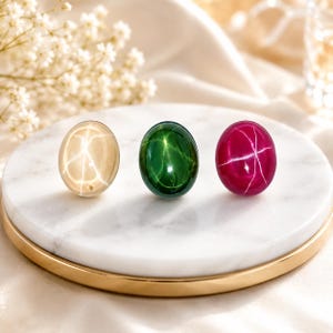 Rare 78 Ct Natural Star Ruby, Green And Yellow Star Sapphire Trio 6 Ray Asterism Cabochon Loose Gemstones Burma And Ceylon