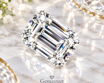 May include: A clear, colorless emerald-cut gemstone with sharp, rectangular facets that reflect light, creating bright white highlights and internal prismatic flashes. The stone is positioned centrally, featuring the text Gemstreet below it.
