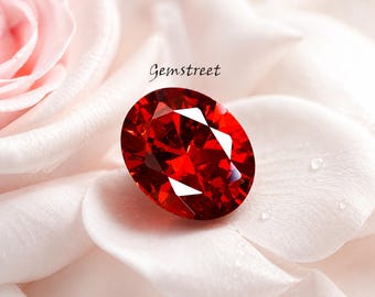 May include: A vibrant oval-cut red gemstone with multifaceted surfaces reflecting light, positioned among soft, pale pink rose petals. The text Gemstreet is printed in a dark, elegant script font above the gemstone, which rests on the petals.
