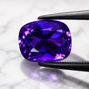 May include: A faceted, cushion-cut gemstone in shades of deep purple, held by black tweezers. The gem's surface reflects light, showcasing its intricate internal structure and brilliance. The background is a white marble surface.