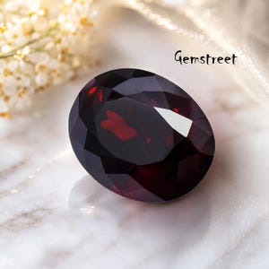 Può includere: Una gemma granato rosso intenso dal taglio ovale con molteplici sfaccettature che riflettono la luce. La pietra è di colore bordeaux scuro con una superficie lucida. Il testo Gemstreet è visibile nell'angolo in alto a destra dell'immagine.