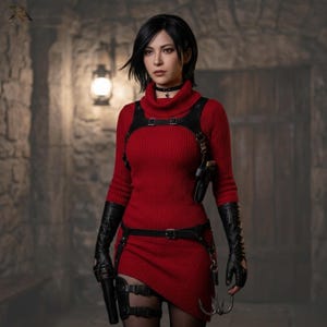 May include: A woman in a red ribbed knit dress with a black leather harness, gloves, and leg straps. She wears a black choker and holds a handgun. The background is a dimly lit stone corridor.