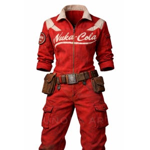 May include: Red jumpsuit with white detailing and the "Nuka-Cola" logo across the chest. It has a collared neckline, zip-up front, and multiple pockets. Includes a brown belt with pouches and a patch on the left sleeve. A cosplay or costume item.