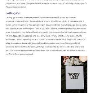 May include: A page from "The Confidence Code" book with the title "Letting Go" and a quote by Florence Scovel Shinn. A white card with "Worry Less" in black text is on a dark surface with a candle and greenery.