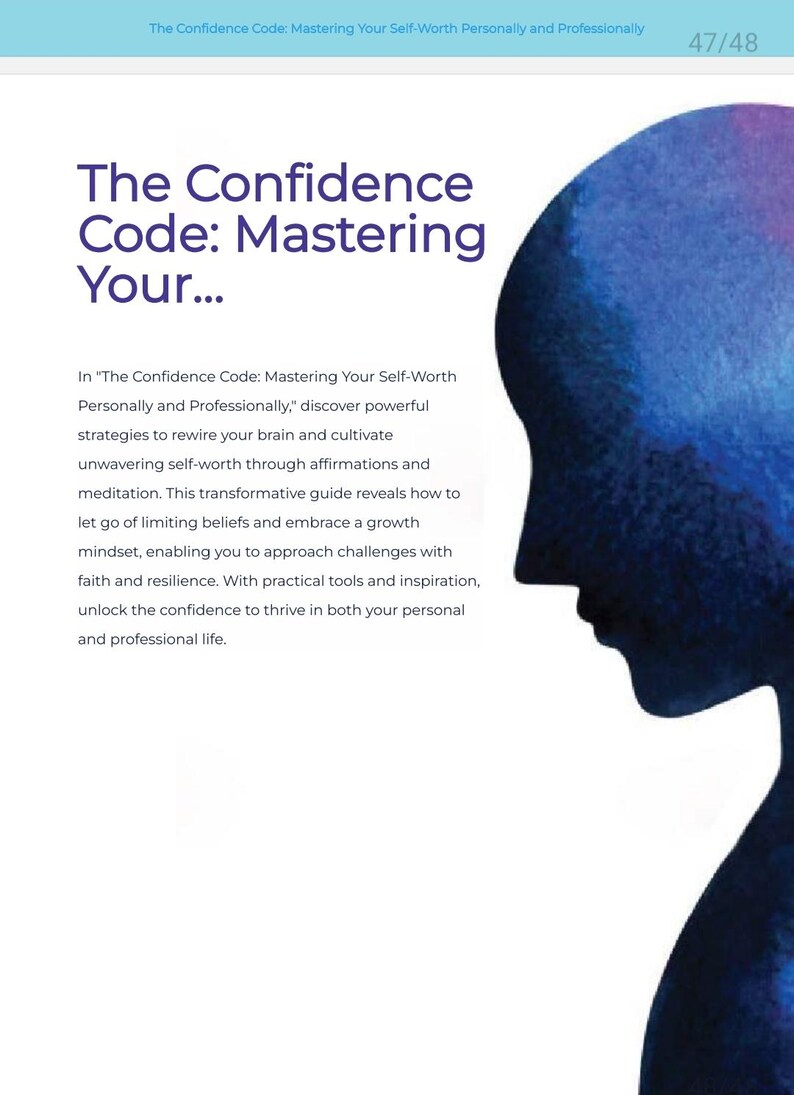 May include: Page from a book titled "The Confidence Code: Mastering Your Self-Worth." The page features the title in large, purple text, with a blue silhouette of a person's profile on the right side. The text describes the book's content.