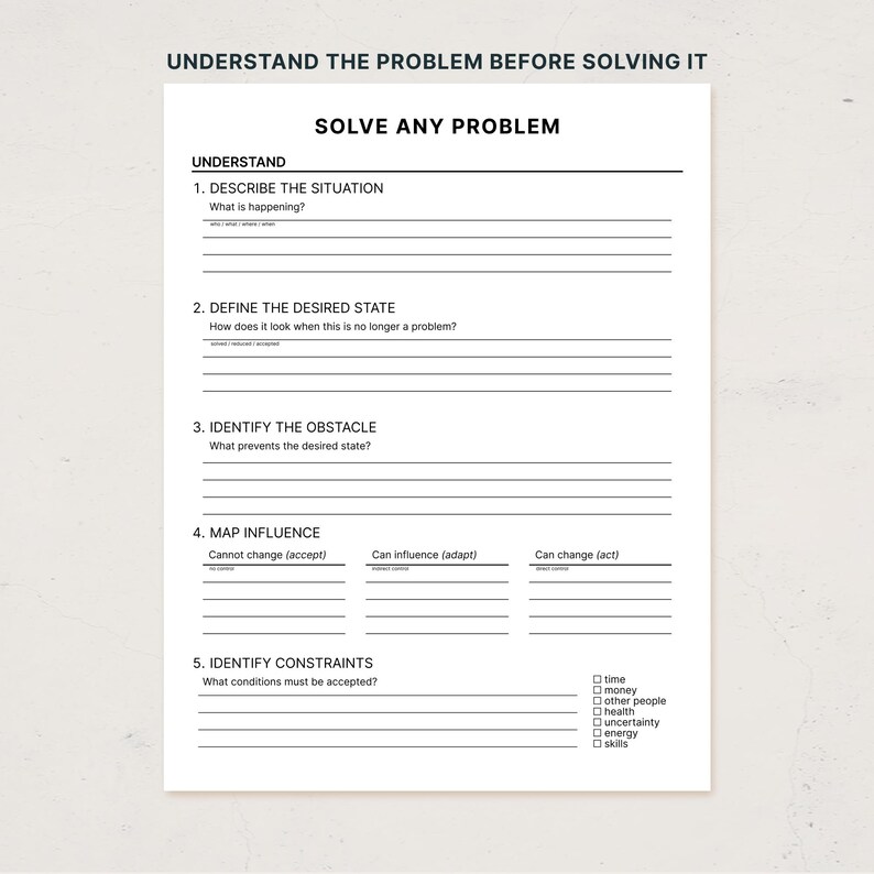 May include: A white printable worksheet titled SOLVE ANY PROBLEM with the header UNDERSTAND THE PROBLEM BEFORE SOLVING IT. The document features five numbered sections with lines for writing, including prompts like DESCRIBE THE SITUATION and MAP INFLUENCE.