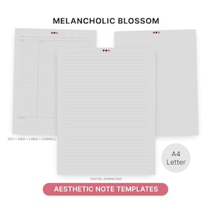 May include: Aesthetic note templates with the text "Melancholic Blossom" and "Aesthetic Note Templates". The templates include dot, grid, lined, and Cornell styles. The paper is light gray with pink accents.
