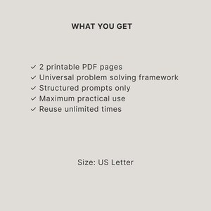May include: A digital document titled WHAT YOU GET, listing features: 2 printable PDF pages, a universal problem solving framework, structured prompts only, maximum practical use, and unlimited reuse. The document size is specified as US Letter.