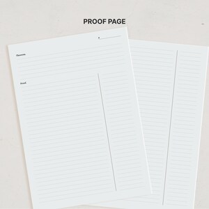 K&ouml;nnte beinhalten: Zwei wei&szlig;e Papierb&ouml;gen mit der &Uuml;berschrift PROOF PAGE oben. Das linke Blatt enth&auml;lt eine Zeile f&uuml;r ein Datum, das Wort Theorem und das Wort Proof, gefolgt von horizontalen Linien, die durch eine vertikale Linie in zwei Spalten unterteilt sind. Das rechte Blatt ist liniert.