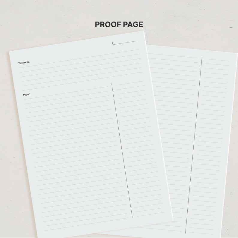 K&ouml;nnte beinhalten: Zwei wei&szlig;e Papierb&ouml;gen mit der &Uuml;berschrift PROOF PAGE oben. Das linke Blatt enth&auml;lt eine Zeile f&uuml;r ein Datum, das Wort Theorem und das Wort Proof, gefolgt von horizontalen Linien, die durch eine vertikale Linie in zwei Spalten unterteilt sind. Das rechte Blatt ist liniert.