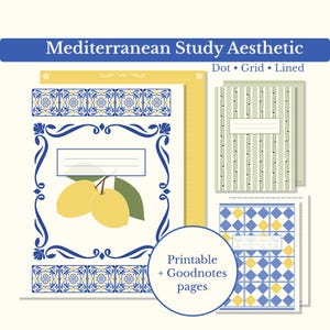 Könnte beinhalten: Eine Sammlung druckbarer und Goodnotes-Seiten im mediterranen Stil. Das Design umfasst Notizbücher mit gepunkteten, karierten und linierten Seiten. Die Notizbücher zeigen Zitronenillustrationen, blau-gelbe Fliesenmuster und dekorative Bordüren. Der Text lautet "Mediterranean Study Aesthetic".