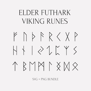 May include: A digital graphic featuring Elder Futhark Viking runes in a minimalist style. The black line art symbols are arranged in rows on a light background. Text at the top reads "Elder Futhark Viking Runes". The bottom text says "SVG + PNG BUNDLE".
