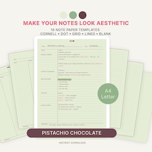 Może przedstawiać: Estetyczne szablony papieru do notatek w kolorze pistacjowej zieleni. Obraz przedstawia cyfrowy tablet z odręcznymi notatkami oraz tekst "MAKE YOUR NOTES LOOK AESTHETIC" i "PISTACHIO CHOCOLATE". Szablony obejmują Cornell, kropki, kratkę, linie i puste.