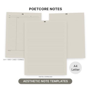 Può includere: Tre modelli di note su carta beige con diversi layout: a righe, a griglia di punti e in stile Cornell. Il testo "POETCORE NOTES" è in alto e "AESTHETIC NOTE TEMPLATES" in basso. Il formato carta è A4 Letter.