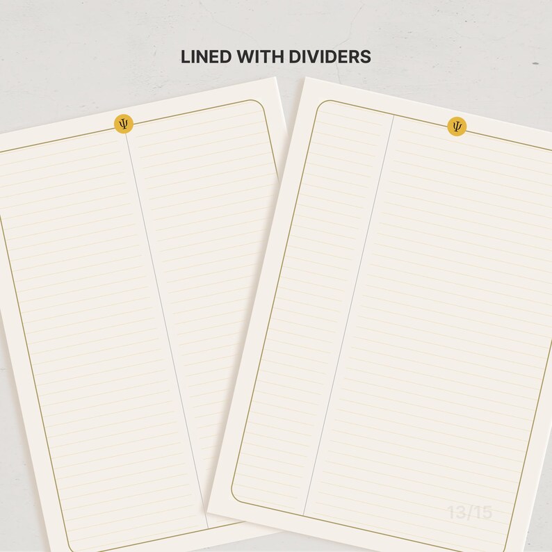 May include: Two sheets of off-white paper with gold-colored borders and horizontal lines. Each sheet features a vertical divider line and a small gold circle at the top center containing the Greek letter Psi. The text LINED WITH DIVIDERS is visible.
