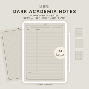 Könnte beinhalten: Digitale Notizbuchvorlagen mit dem Text "DARK ACADEMIA NOTES". Die Vorlagen umfassen Cornell-, Punkt-, Raster-, Linien- und leere Papierstile. Das Bild enthält auch einen weißen Stift und den Text "A4 Letter".