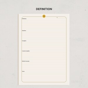 May include: A cream-colored study planner page with a gold border and the word DEFINITION at the top. It features a central gold circle with a Greek psi symbol, a number field, and sections labeled Definition, Intuition, Examples, Counterexamples, Related concepts, and Notes with horizontal lines.