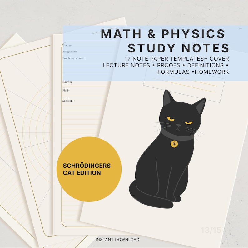 Cream yellow math and physics study note template bundle with cover featuring a funny illustration of grumpy Schrödingers Cat. These notebook pages are made for math students and include 18 templates featuring coordinate systems, sketching graphs, formula sheet, proof and definition pages, and assignment homework templates. Perfect for university students, high school learners, mathematicians, engineers, physics enthusiasts.