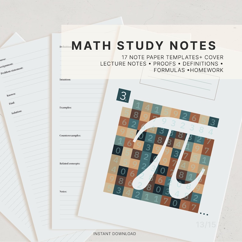 Light blue math study note template bundle with cover featuring digits of pi art. These notebook pages are made for math students and include 18 templates featuring coordinate systems, sketching graphs, formula sheet, proof and definition pages, and math assignment homework templates. Perfect for university students, high school learners, mathematicians, engineers, physics enthusiasts, and anyone who appreciates clean, functional design with just the right amount of mathematical nerdiness.