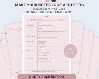 Dusty Rose Notebook Paper Bundle, Muted Color, Cornell Template, Lined Dot Grid (Digital Download)