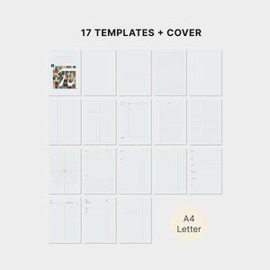 K&ouml;nnte beinhalten: Eine Sammlung von 17 Vorlagen und einem Deckblatt mit der Aufschrift 17 TEMPLATES + COVER. Die Bl&auml;tter bieten verschiedene Layouts, darunter leere, karierte, linierte und radiale Designs. Ein Deckblatt zeigt das Pi-Symbol. A4 Letter.