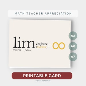 Puede incluir: Una tarjeta imprimible con el texto "MATH TEACHER APPRECIATION". La tarjeta presenta una ecuación matemática: "lim impact (teacher) = ∞" con las palabras "student → future" debajo. Descarga digital.