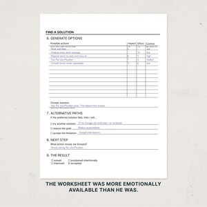 May include: A white paper worksheet titled FIND A SOLUTION with sections for generating options, alternative paths, next steps, and results. The document contains a table with columns for impact, effort, and control, filled with handwritten blue ink text.