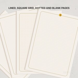 May include: A set of off-white paper sheets featuring lined, square grid, and dotted layouts. Each page has a thin gold border and a small gold circular icon with a Greek psi symbol at the top center. The text LINED, SQUARE GRID, DOTTED AND BLANK PAGES is visible.