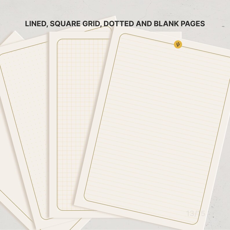 May include: A set of off-white paper sheets featuring lined, square grid, and dotted layouts. Each page has a thin gold border and a small gold circular icon with a Greek psi symbol at the top center. The text LINED, SQUARE GRID, DOTTED AND BLANK PAGES is visible.