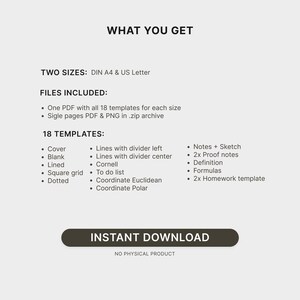 May include: A digital product listing featuring black text on a light gray background. It lists two sizes, DIN A4 and US Letter, and includes 18 templates such as cover, blank, lined, grid, dotted, Cornell, to-do list, coordinate, and homework pages.