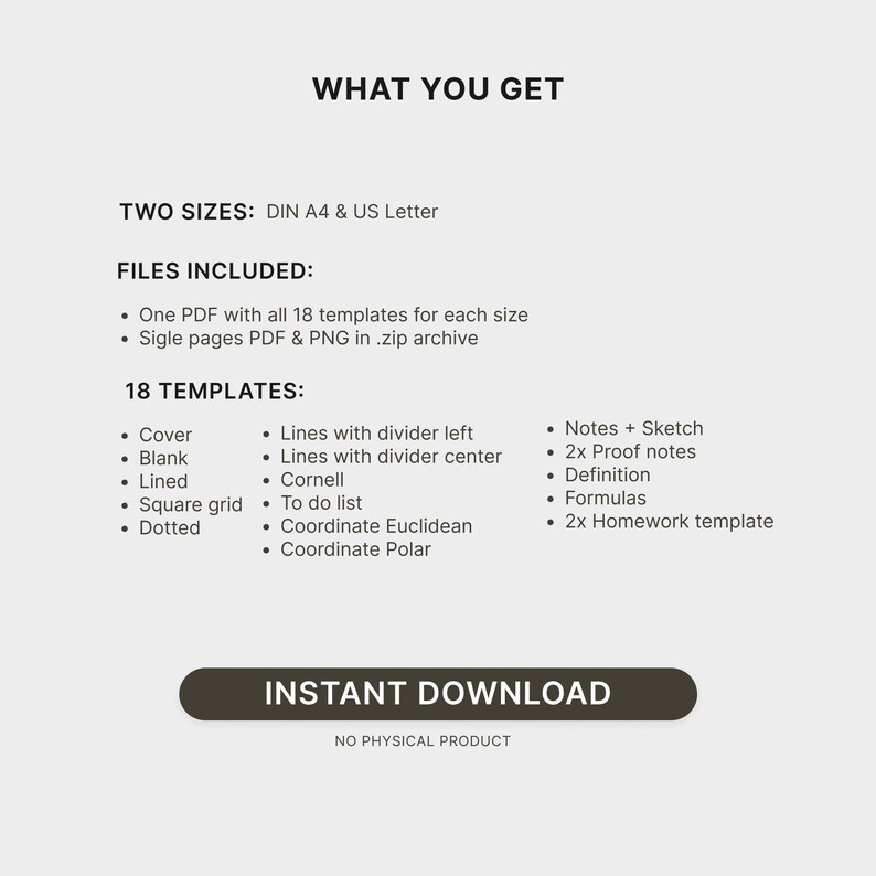 May include: A digital product listing featuring black text on a light gray background. It lists two sizes, DIN A4 and US Letter, and includes 18 templates such as cover, blank, lined, grid, dotted, Cornell, to-do list, coordinate, and homework pages.