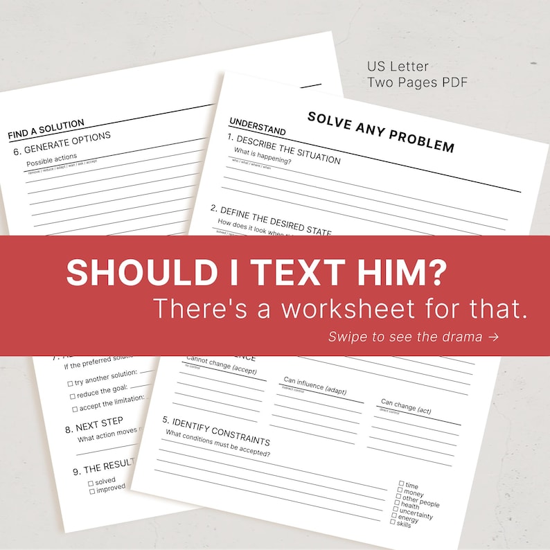Two white US Letter size pages with a problem-solving template. The title "PROBLEM SOLVING TEMPLATE" is in a red rectangle. The pages include sections for defining the situation, desired state, and identifying constraints. The text "Decision Making Worksheet" is at the bottom.