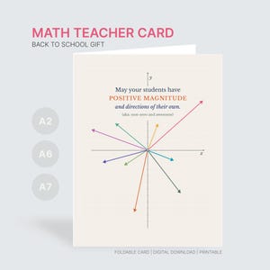 May include: A greeting card with a cream-colored grid background featuring a mathematical coordinate plane with multiple colorful arrows pointing in various directions. The text reads: May your students have POSITIVE MAGNITUDE and directions of their own. (aka: non-zero and awesome)