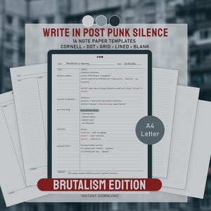 May include: A digital download product with the text "WRITE IN POST PUNK SILENCE" and "BRUTALISM EDITION". The image shows a tablet displaying a Cornell note-taking template, with additional paper templates. The templates include Cornell, dot, grid, lined, and blank styles.