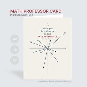 May include: A cream-colored foldable greeting card featuring a dark blue Cartesian coordinate system with multiple vectors radiating from the origin. The text reads: Thank you for teaching me to think INDEPENDENTLY. (linearly, of course).