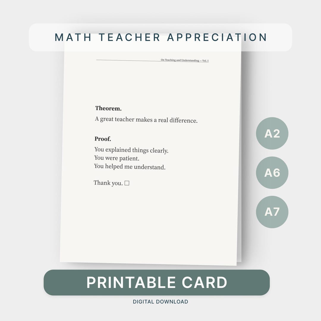 Math Teacher Appreciation Card, Nerdy Thank You Gift, Theorem Proof ...