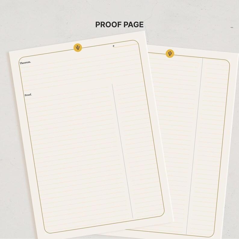 May include: Two off-white paper sheets labeled PROOF PAGE at the top. Each sheet features a gold-colored border, a small gold Greek psi symbol, and horizontal lines. The left sheet includes the printed text Theorem and Proof.
